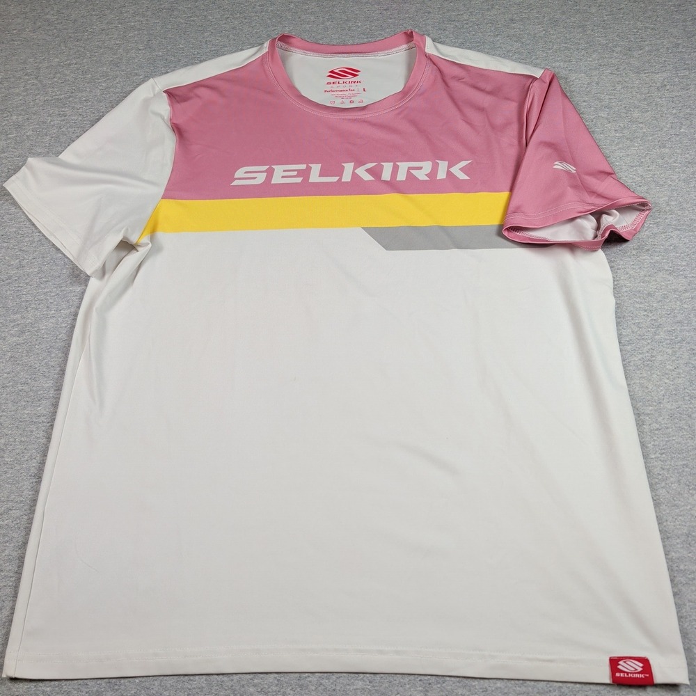 Selkirk Sport Performance Tee Mens Large White Pink Yellow Short Sleeve Shirt